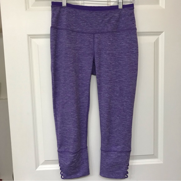 Prana Tori Capri Leggings Yoga Pants Lattice Hem Detail Purple Medium - Picture 3 of 11